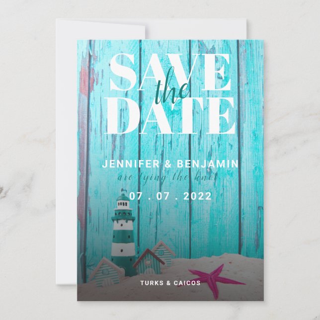 Blue Rustic Wood Beach Hochzeit Save the Date (Vorderseite)