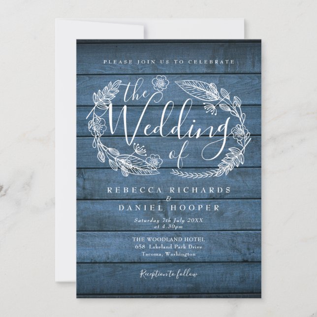 Blue Rustic Wood Floral Garland Script Hochzeit Einladung (Vorderseite)