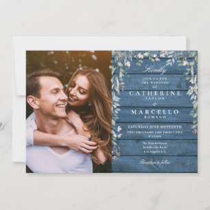 Blue Rustic Wood Floral Wildblumen Foto Hochzeit Einladung
