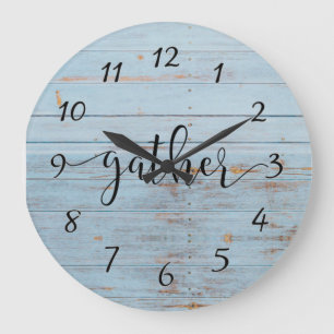 Blue Rustic Wood Gather Bauernhof Vintag Große Wanduhr