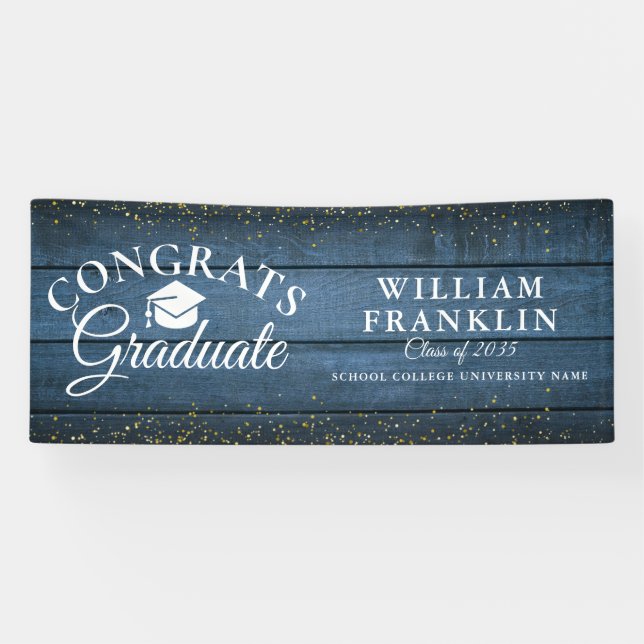 Blue Rustic Wood Gold Glitzer Moderner Abschluss Banner (Horizontal)
