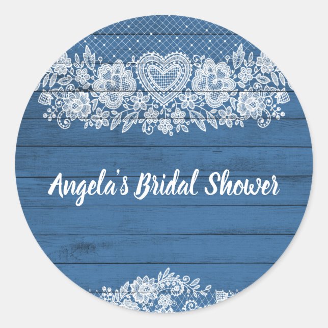 Blue Rustic Wood Lace Farmhouse Barn Chic Runder Aufkleber (Vorderseite)