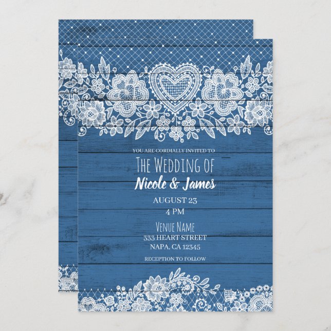 Blue Rustic Wood Lace Farmhouse Barn Wedding Einladung (Vorne/Hinten)