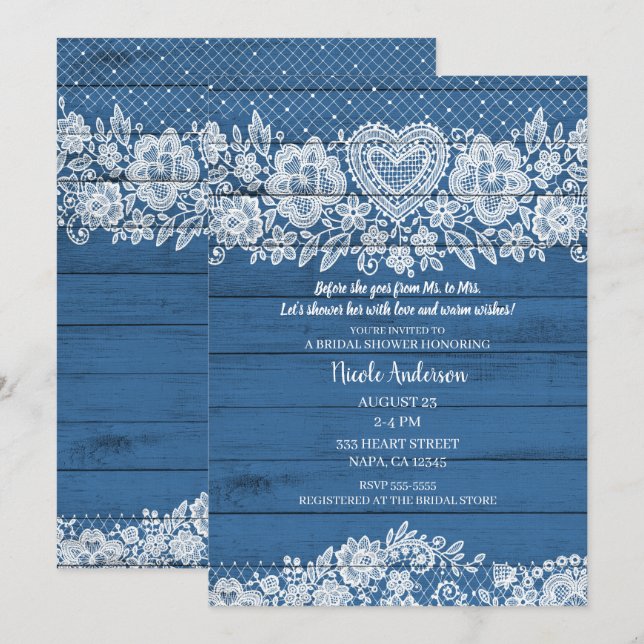 Blue Rustic Wood Lace Farmhouse Brautparty Einladung (Vorne/Hinten)