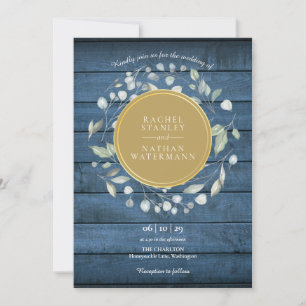 Blue Rustic Wood Laurel Garland Gold Wedding Einladung