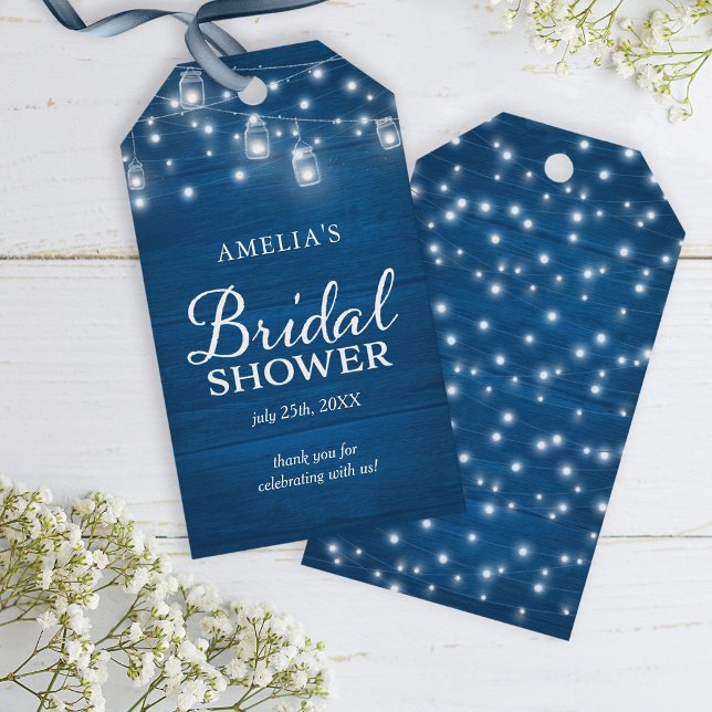 Blue Rustic Wood Mason Jars Lights Brautparty Geschenkanhänger (Von Creator hochgeladen)