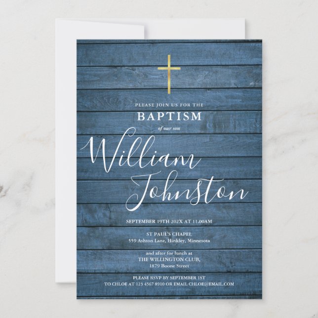 Blue Rustic Wood Script Taufe Christening Einladung (Vorderseite)