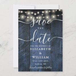 Blue Rustic Wood String Lights Barn Boho Wedding Save The Date