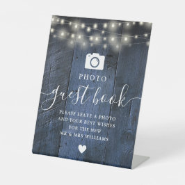 Blue Rustic Wood String Lights Foto Gästebuch Sockelschild