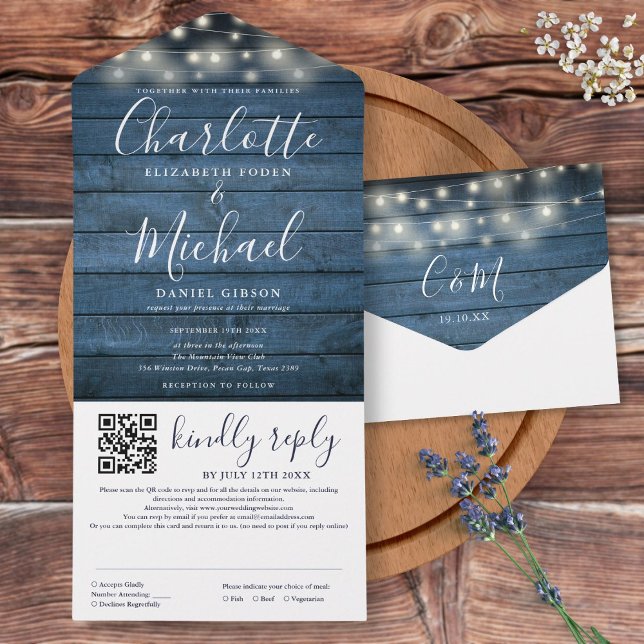Blue Rustic Wood String Lights QR Code Wedding All In One Einladung (Blue Rustic Wood String Lights QR Code Wedding All In One Invitation)