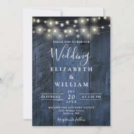 Blue Rustic Wood Wedding String Lights QR Code Einladung