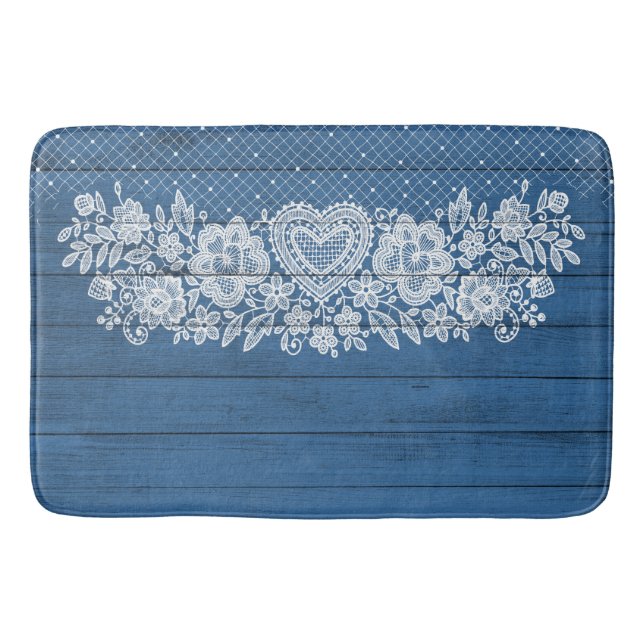 Blue Rustic Wood & White Lace Lacy Bauernhof Badematte (Vorderseite)