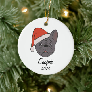 Blue Sable Frenchie Weihnachtsmannmütze Weihnachte Keramik Ornament