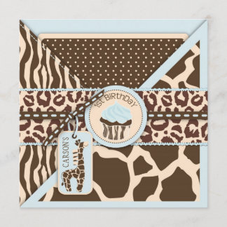 Blue Safari Animal Print & Cupcake First Einladung