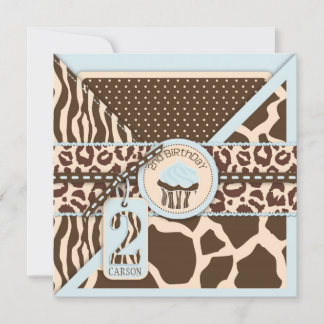 Blue Safari Animal Print & Cupcake Second Geburtst Einladung