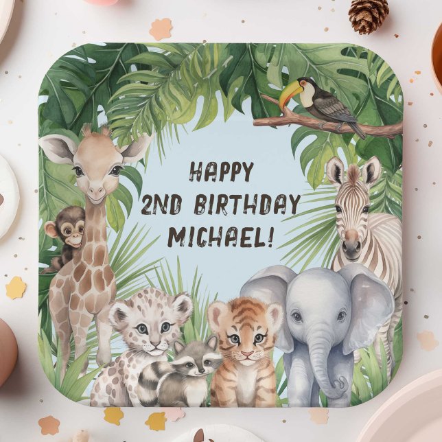 Blue Safari Animal Themed Baby Junge 2. Geburtstag Pappteller (Blue Two Wild Boy 2nd Birthday party paper plates, Safari Themed Jungle animals birthday plate.)