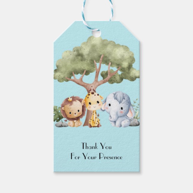 BLUE SAFARI BABY SHOWER GESCHENKANHÄNGER (Vorderseite)