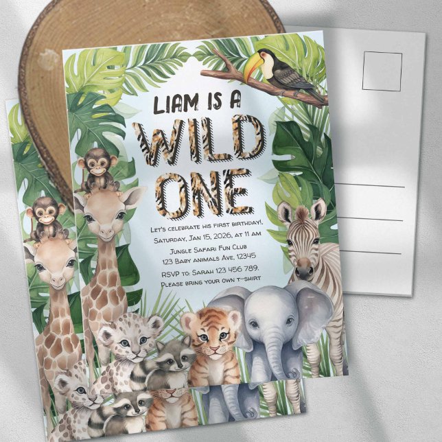 Blue Safari Tiere zum Thema Wild zum ersten Geburt Einladungspostkarte (Boy 1st birthday invitation, Wild one Safari jungle animal postcard invitation.)