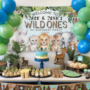 Blue Safari Twins Wild Ones 1. Geburtstag Willkomm Banner