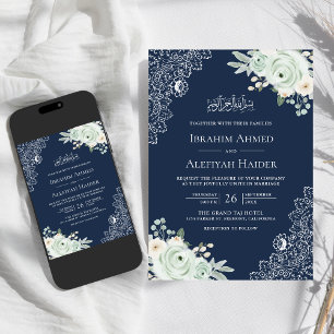 Blue Sage Green Floral Lace muslimische Hochzeit Einladung