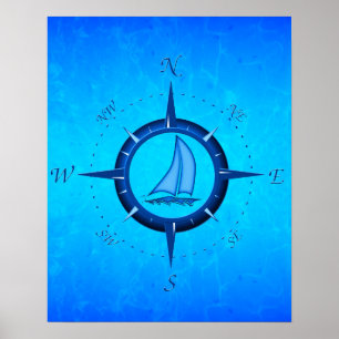 Blue Sailboat and Compass Rose Poster