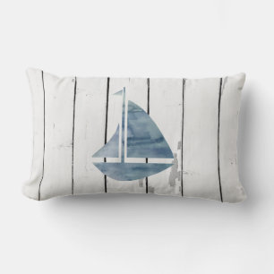 Blue Sailboat Nautical Shiplap Rustic Beach Deco Lendenkissen