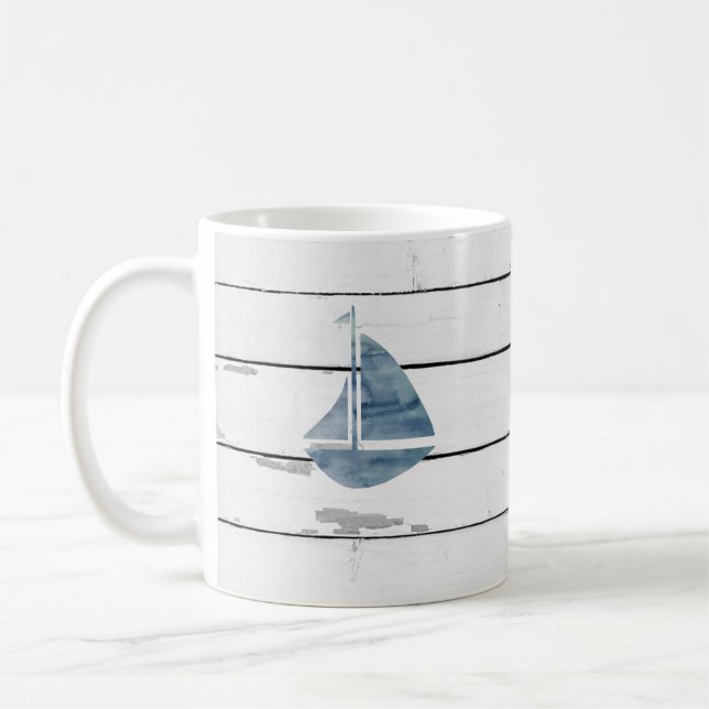 Blue Sailboat Nautical Shiplap Rustic Kaffeetasse (Links)