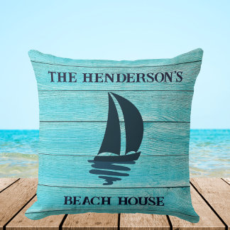 Blue Sailing Boat Family Name Beach House Kissen