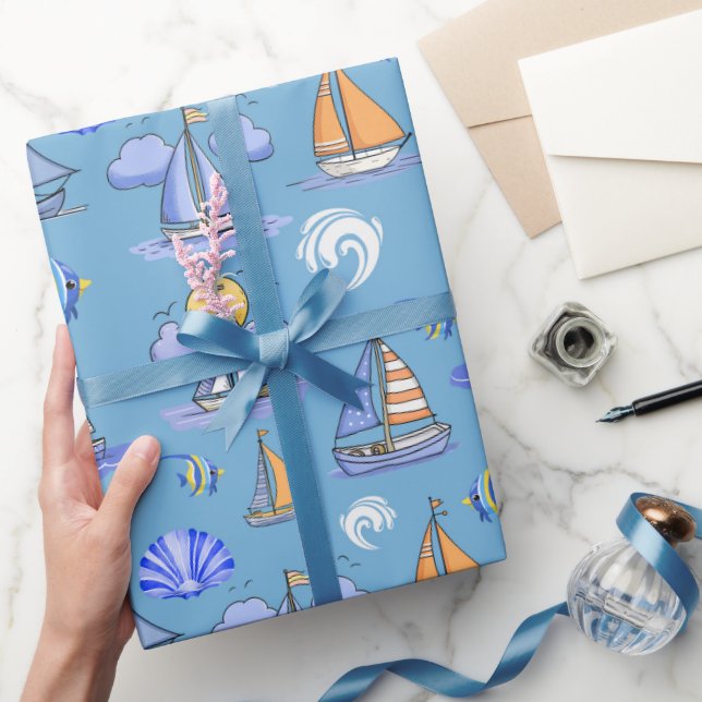 Blue Sailing Boat Wrapping Paper Geschenkpapier (Schenken)