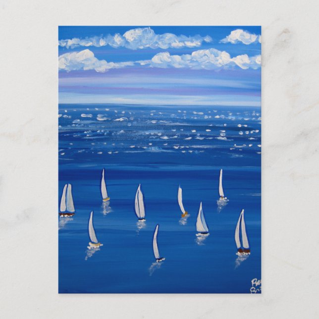 Blue Sailing Sailboats Folklorekunst Postkarte (Vorderseite)