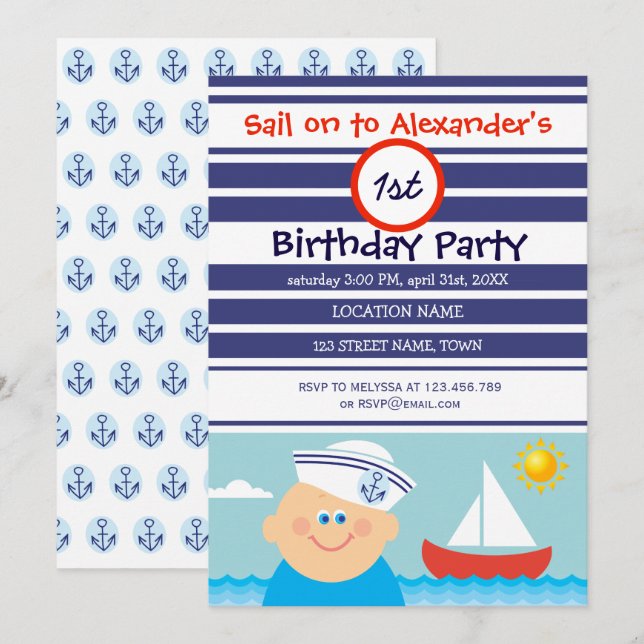 Blue Sailor Boy und Sailboat Erster Geburtstag Einladung (Vorne/Hinten)