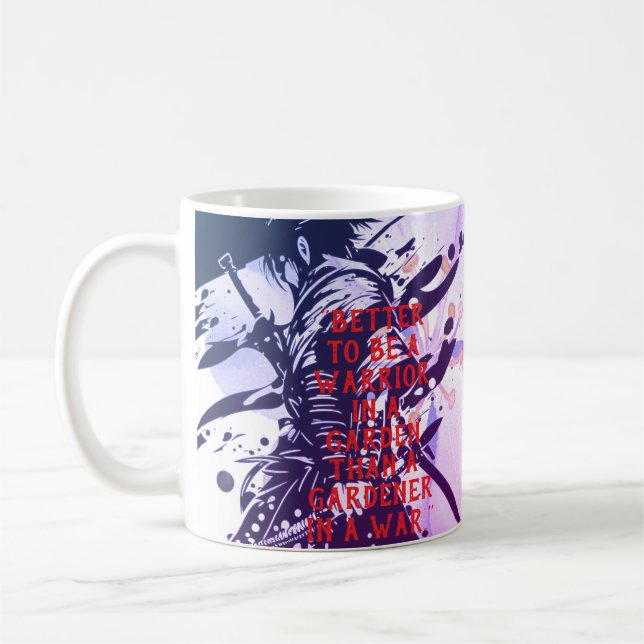 Blue Samurai & Cherry Blossom Ink Art Motivational Kaffeetasse (Links)