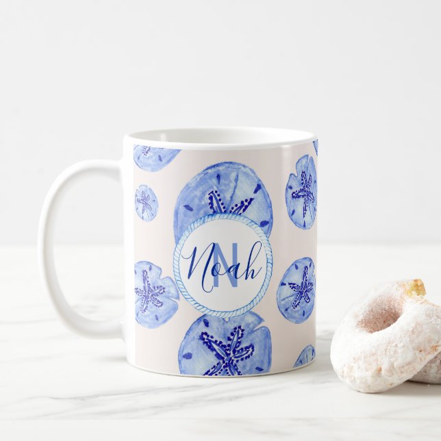 Blue Sand Dollar Aquarell-kundenspezifische Monogr Kaffeetasse (Mit Donut)