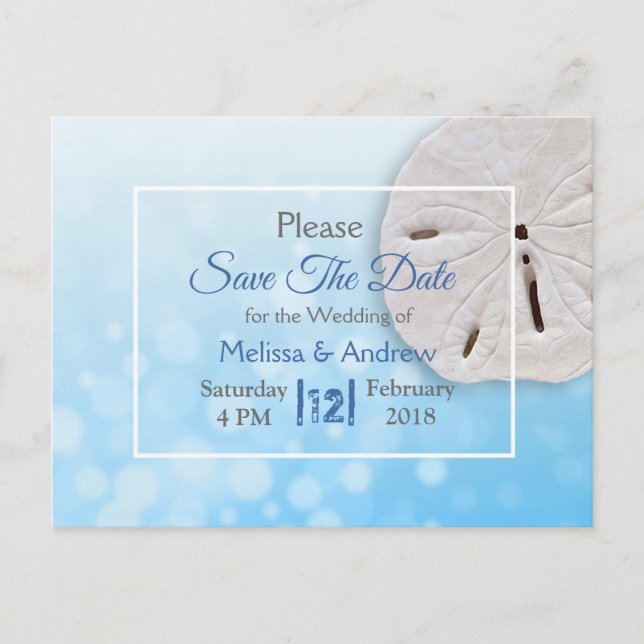 Blue Sand Dollar Themed Wedding Save the Date Ankündigungspostkarte (Vorderseite)