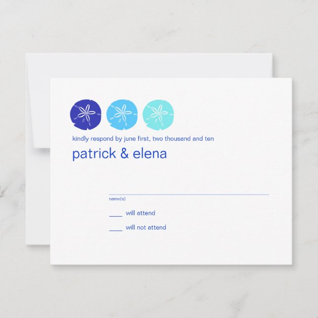 Blue Sand Dollar Wedding RSVP Karte (Vorderseite)
