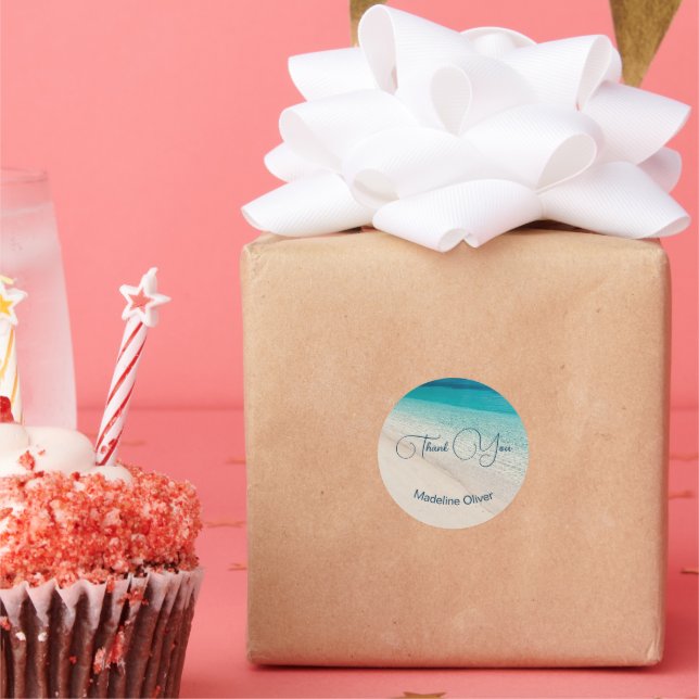 Blue Sand Moderne Beach Scene Danke Runder Aufkleber (Party)