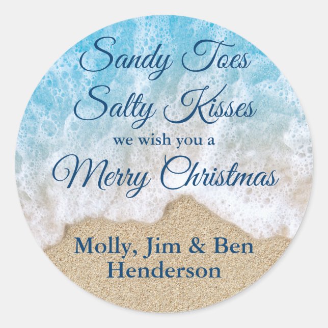 Blue Sandy Toes Salty Kisses Frohe Weihnachten Runder Aufkleber (Vorderseite)