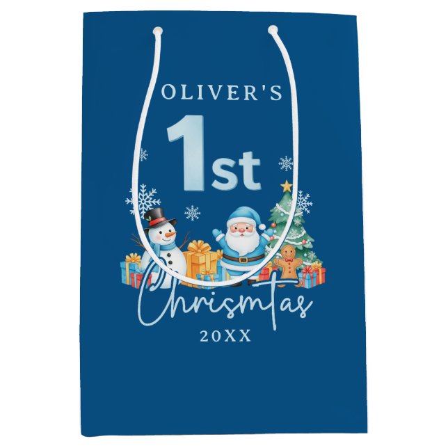 Blue Santa 1 Weihnachten mit Snowman, Tree und Gi Mittlere Geschenktüte