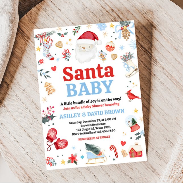 Blue Santa Baby Baby Baby Dusche Einladung (Red and Blue Santa Baby Shower Invitation)