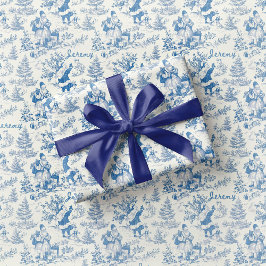 Blue Santa Toile Wrapping Paper Vintage  Geschenkpapier
