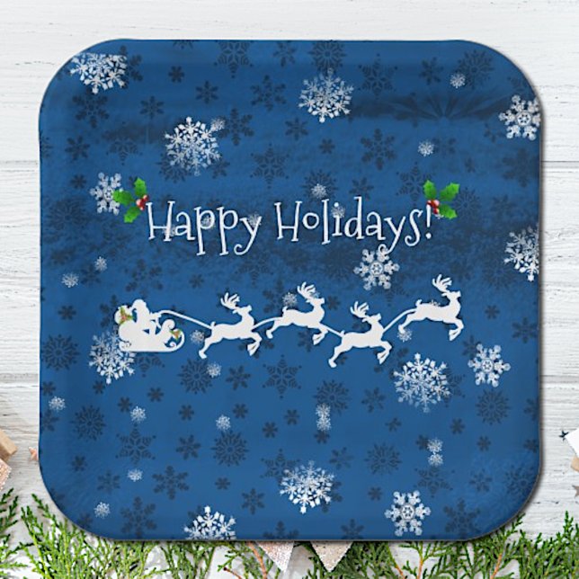 Blue Santa's Schlitten- und Rentierpapierplatte Pappteller (Blue Santas Sleigh and Reindeer Christmas Paper Plates)