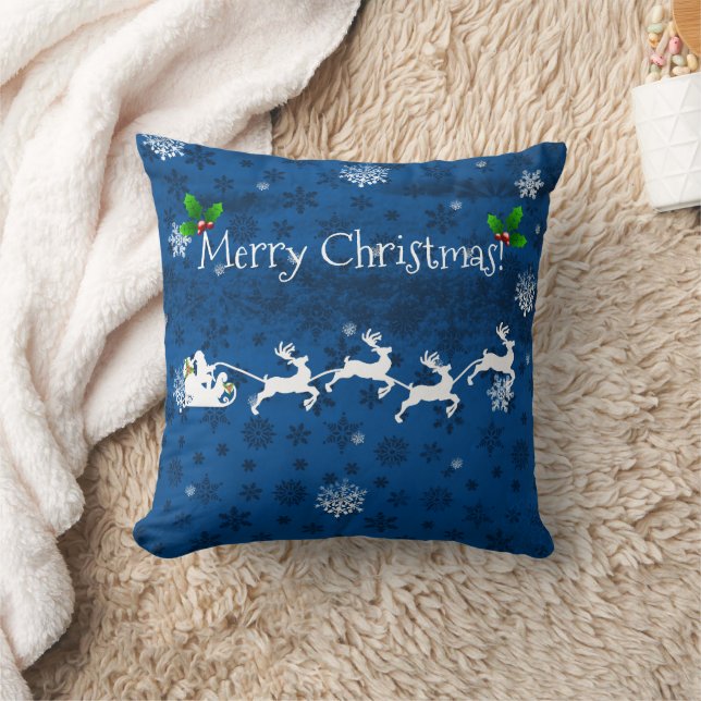 Blue Santa's Sleigh and Rentier Throw Kissen (Decke)