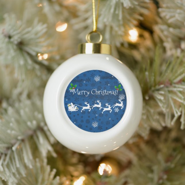 Blue Santa's Sleigh & Rentier Weihnachtsschmuck Keramik Kugel-Ornament (Baum)