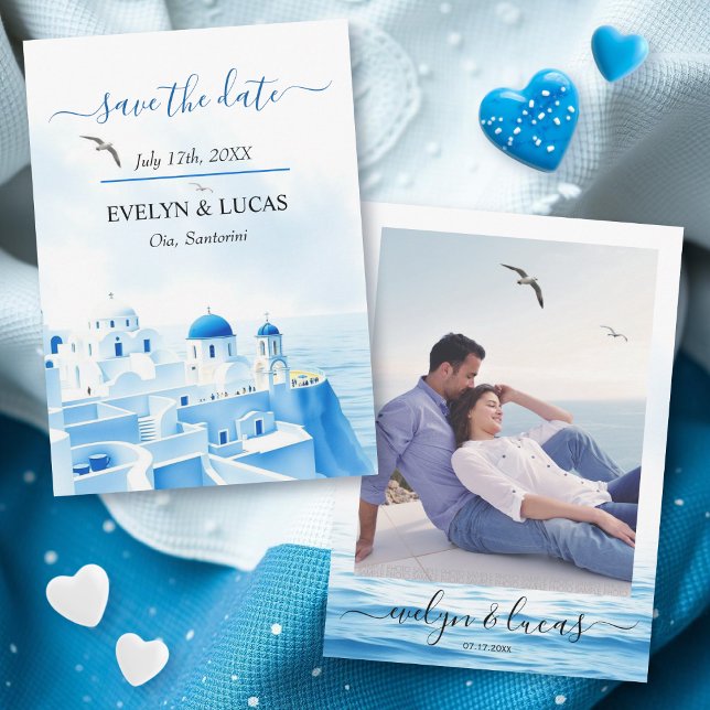 Blue Santorini Griechenland Hochzeit im Aquarell F Save The Date (Von Creator hochgeladen)