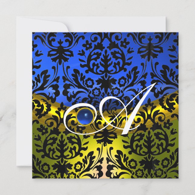 BLUE SAPPHIRE BLACK DAMASK MONOGRAM EINLADUNG (Vorderseite)