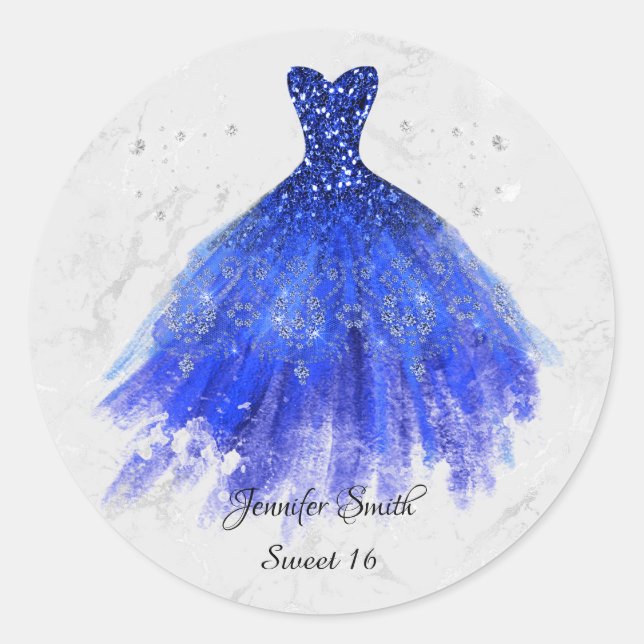 Blue Sapphire Dress Glitzer 16 . Geburtstag Runder Aufkleber (Vorderseite)