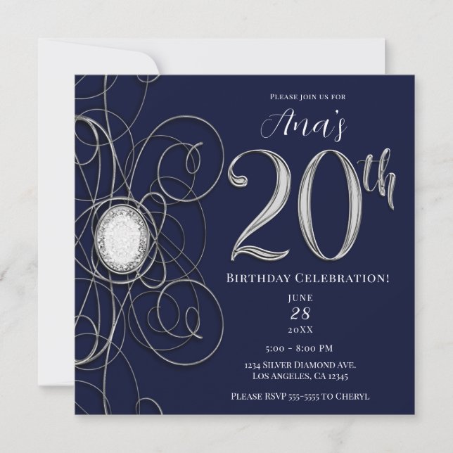 Blue Sapphire & Silver Diamond 20 20. Geburtstag Einladung (Vorderseite)