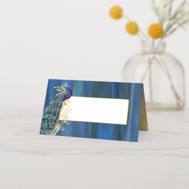 Blue Satin and Peacock Wedding Folding Platzkarte (Vorderseite)