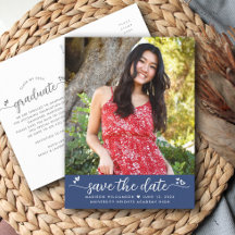 Blue Save the Date Abschluss Foto Script Hearts