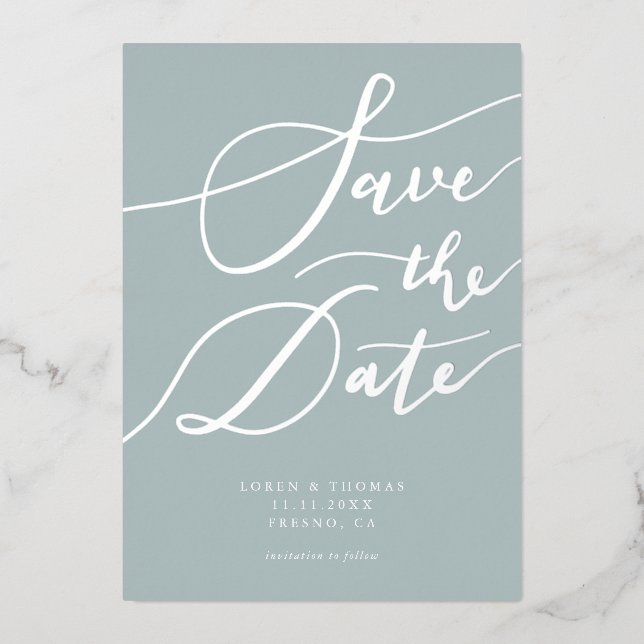 Blue Save the Date Calligraphy Folieneinladung (Vorderseite)